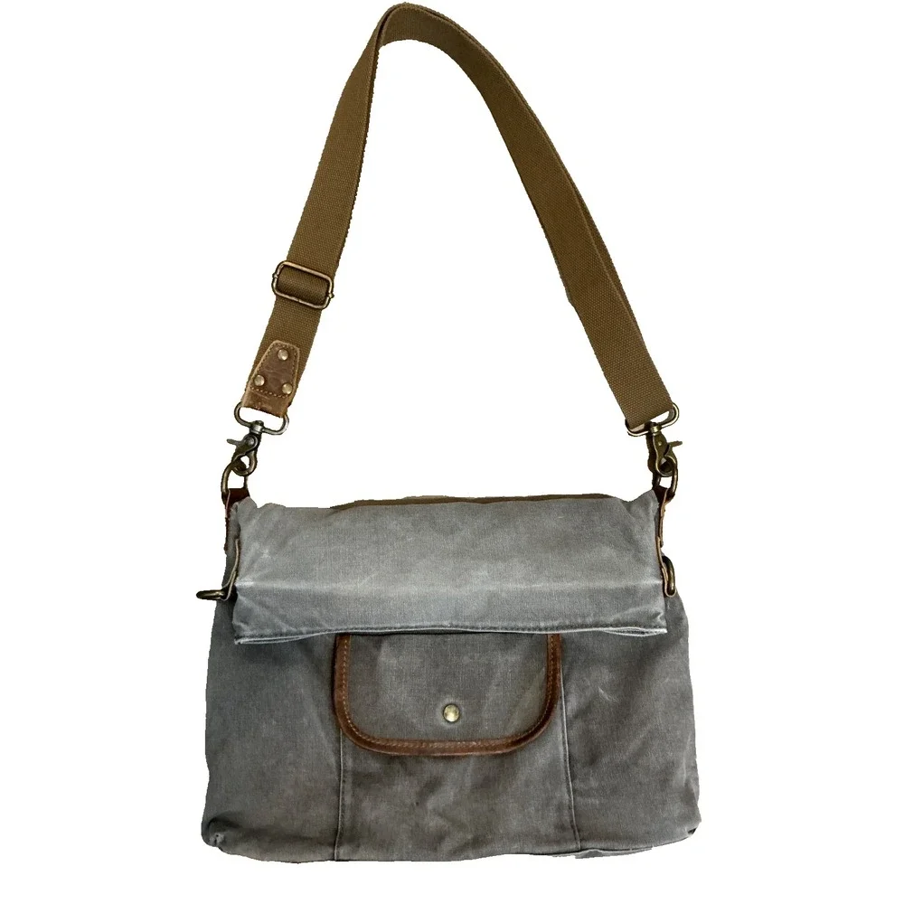 Ecosusi Gray Canvas Shoulder Messenger Bag with Brown Leather Trim Pockets
